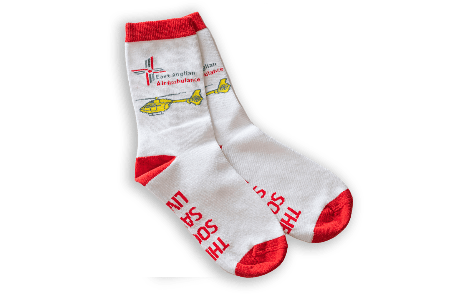 White and red adult's sock with EAAA helicopter laid flat, side by side, showing right side