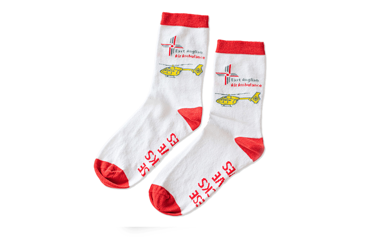 White and red adult's sock with EAAA helicopter laid flat, side by side, showing left side