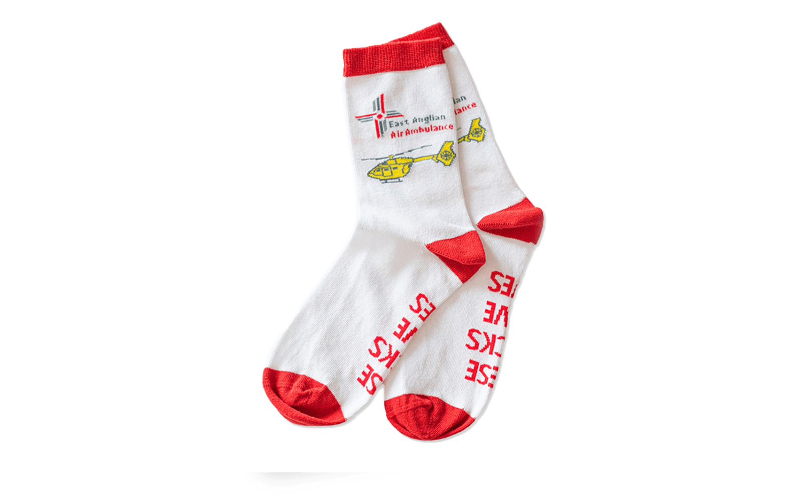 White and red adult's sock with EAAA helicopter laid flat, side by side, showing left side